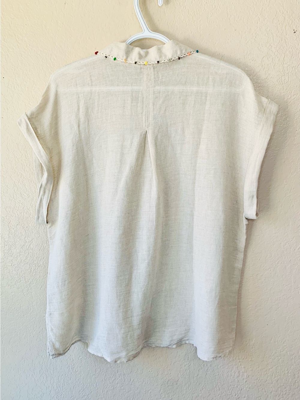 Hester & Orchard Linen Blend Cap Sleeve Beaded Collar Coastal Blouse Size M - Picture 3 of 8